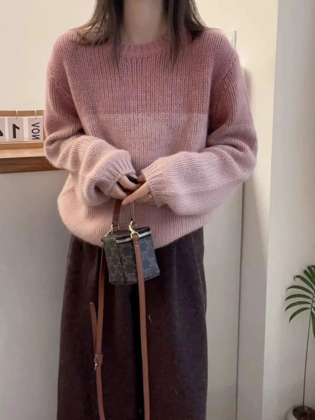 Crew-neck matching striped cashmere sweater women's long-sleeved autumn/winter loose wool base sweater by Vimost Shop