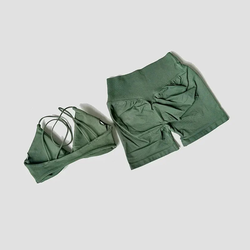 Women’s 2-Piece Gym Set – Strappy Twist Sports Bra & Cross Waist Ruched Shorts by Vimost Shop
