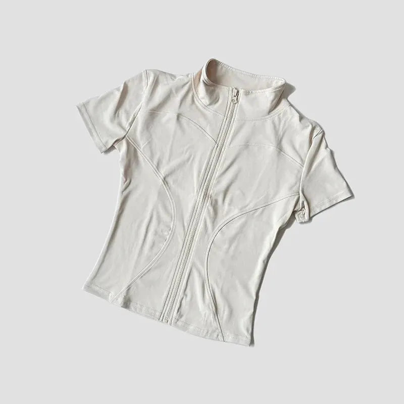 Women’s Slim Fit Short Sleeve Yoga Top with Stand Collar Zip Front by Vimost Shop