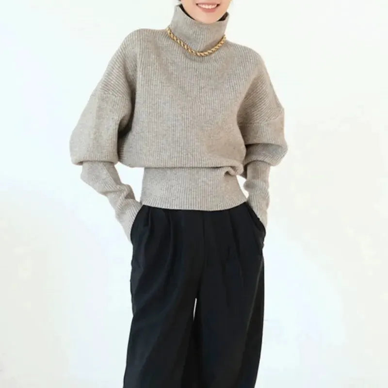 French retro high-neck pullover pure wool sweater women's short knitted base sweater waist-cinching and versatile top by Vimost Shop