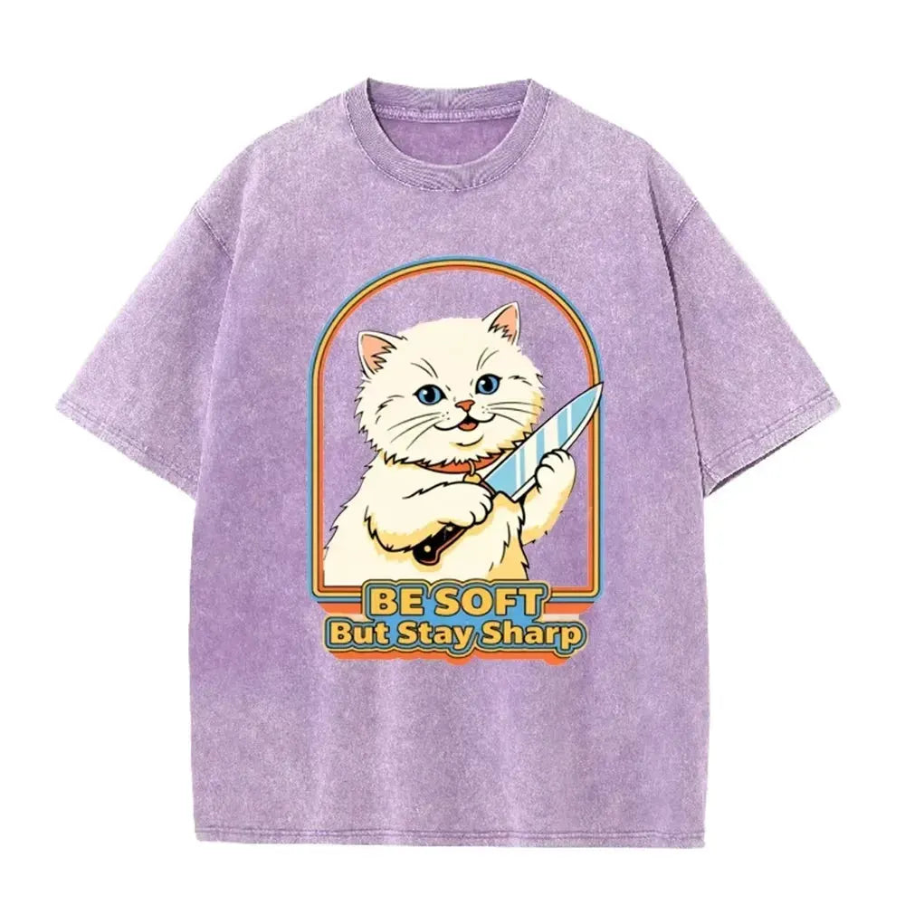 Vintage Washed Purple Be Soft But Stay Sharp Knife Cat Retro Casual Graphic T Shirt by Vimost Shop