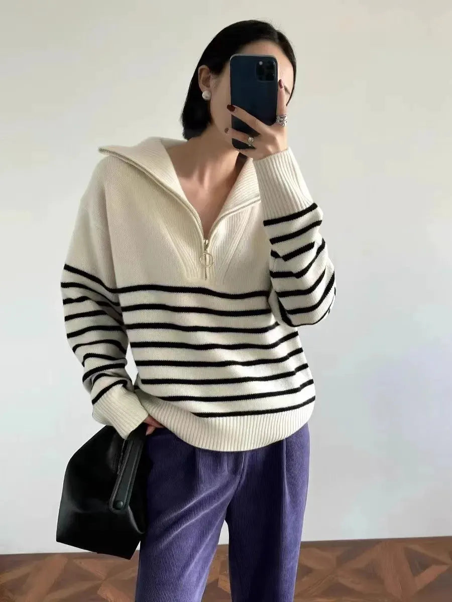 Autumn/Winter new classic striped zipper turtleneck + lapel 100% cashmere knit sweater women's bottom sweater by Vimost Shop