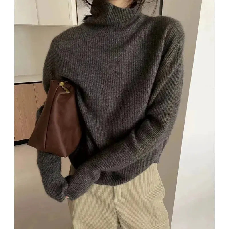 Foreign style autumn and winter turtleneck 100% pure cashmere sweater women lazy loose thick jumper knitted wool base shirt by Vimost Shop