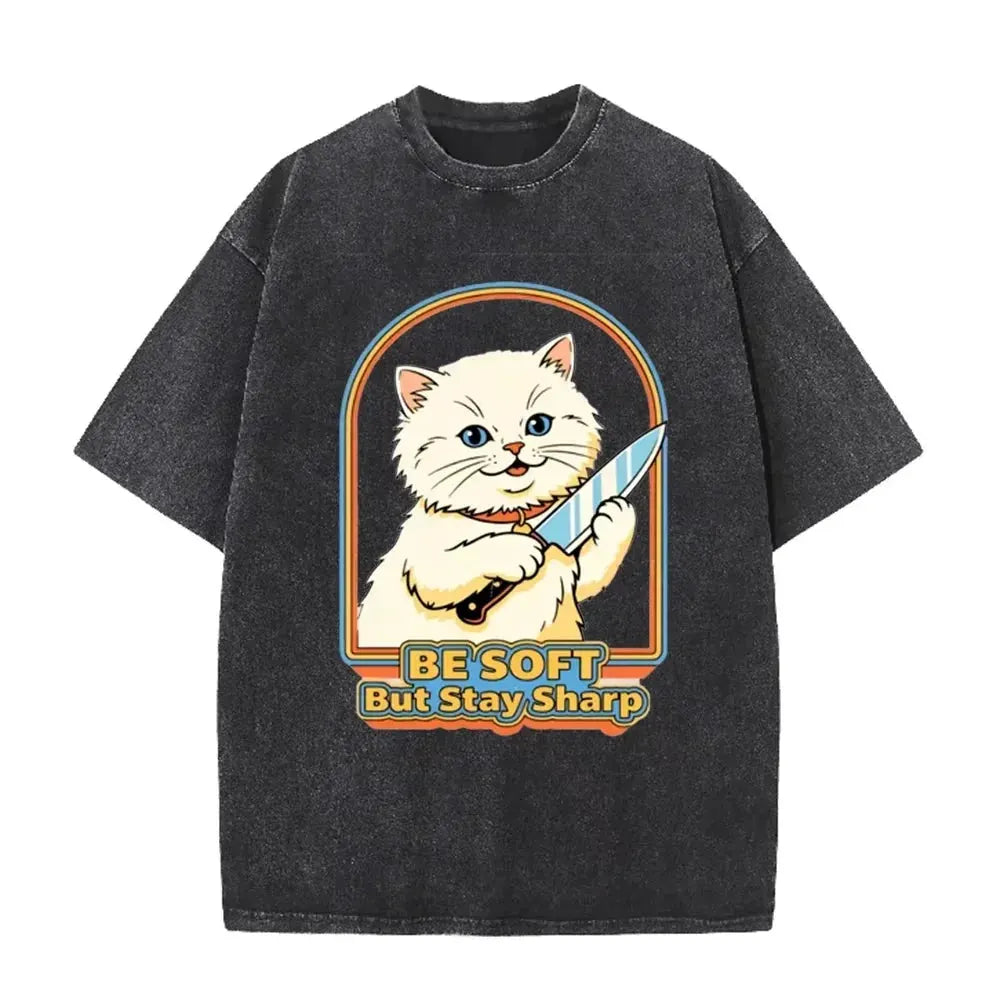 Vintage Washed Purple Be Soft But Stay Sharp Knife Cat Retro Casual Graphic T Shirt by Vimost Shop