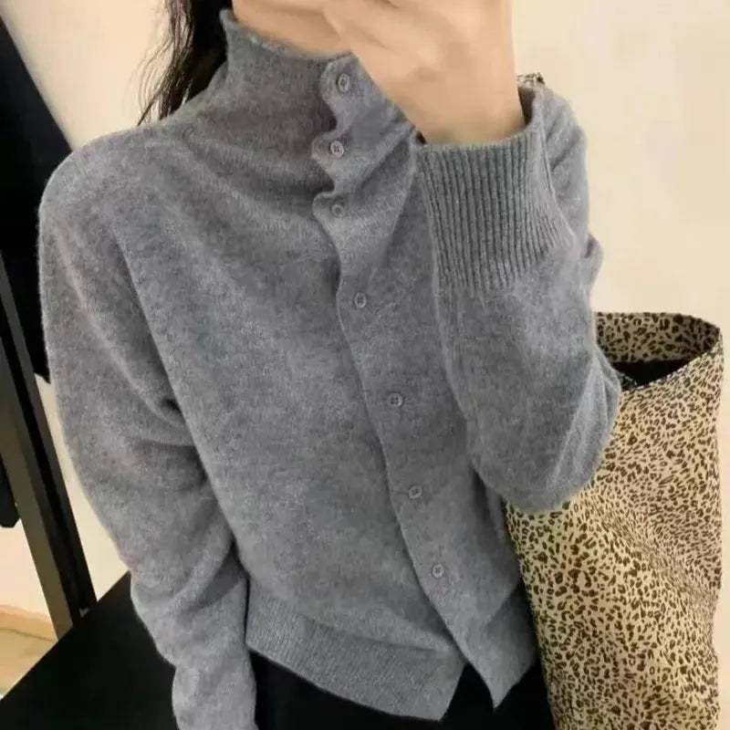 French-style high-neck 100 pure cashmere knitted cardigan for women's autumn and winter loose sweater with wool base coat by Vimost Shop