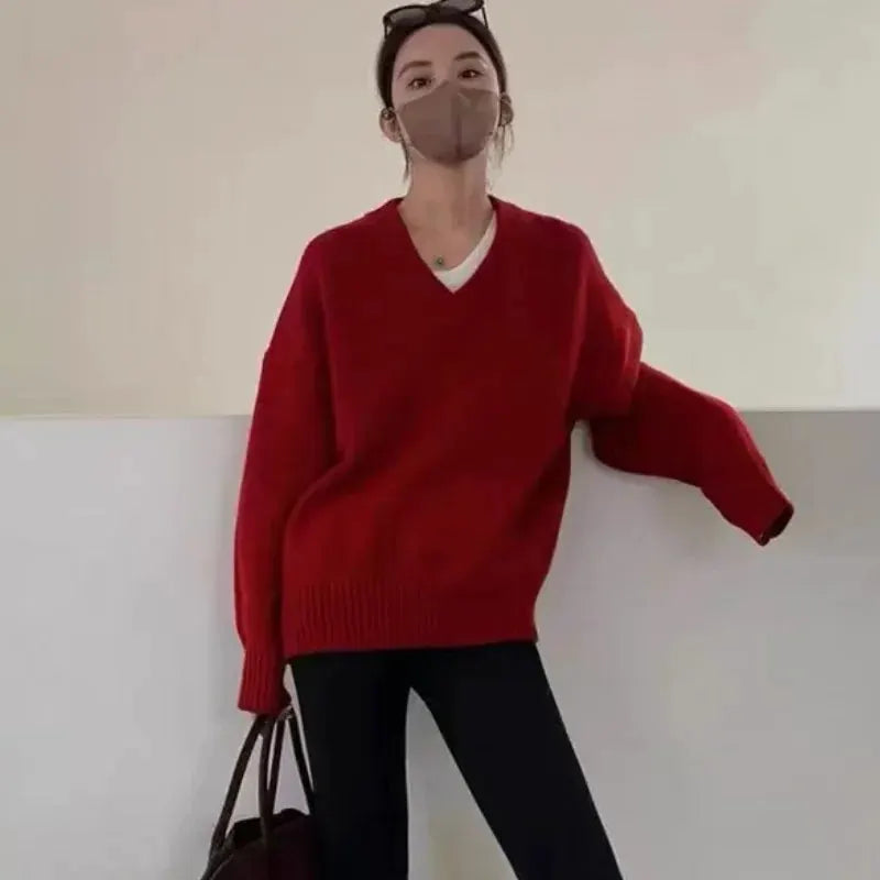 V-neck 100 pure wool sweater for women in autumn and winter, loose and thick sweater, long-sleeved knitted top by Vimost Shop