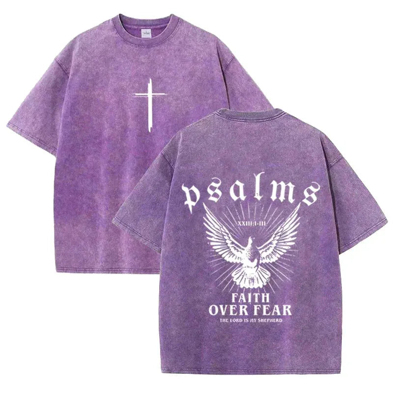 Retro Faith Over Fear T Shirt Psalms Dove Print Casual Washed Religious Streetwear by Vimost Shop