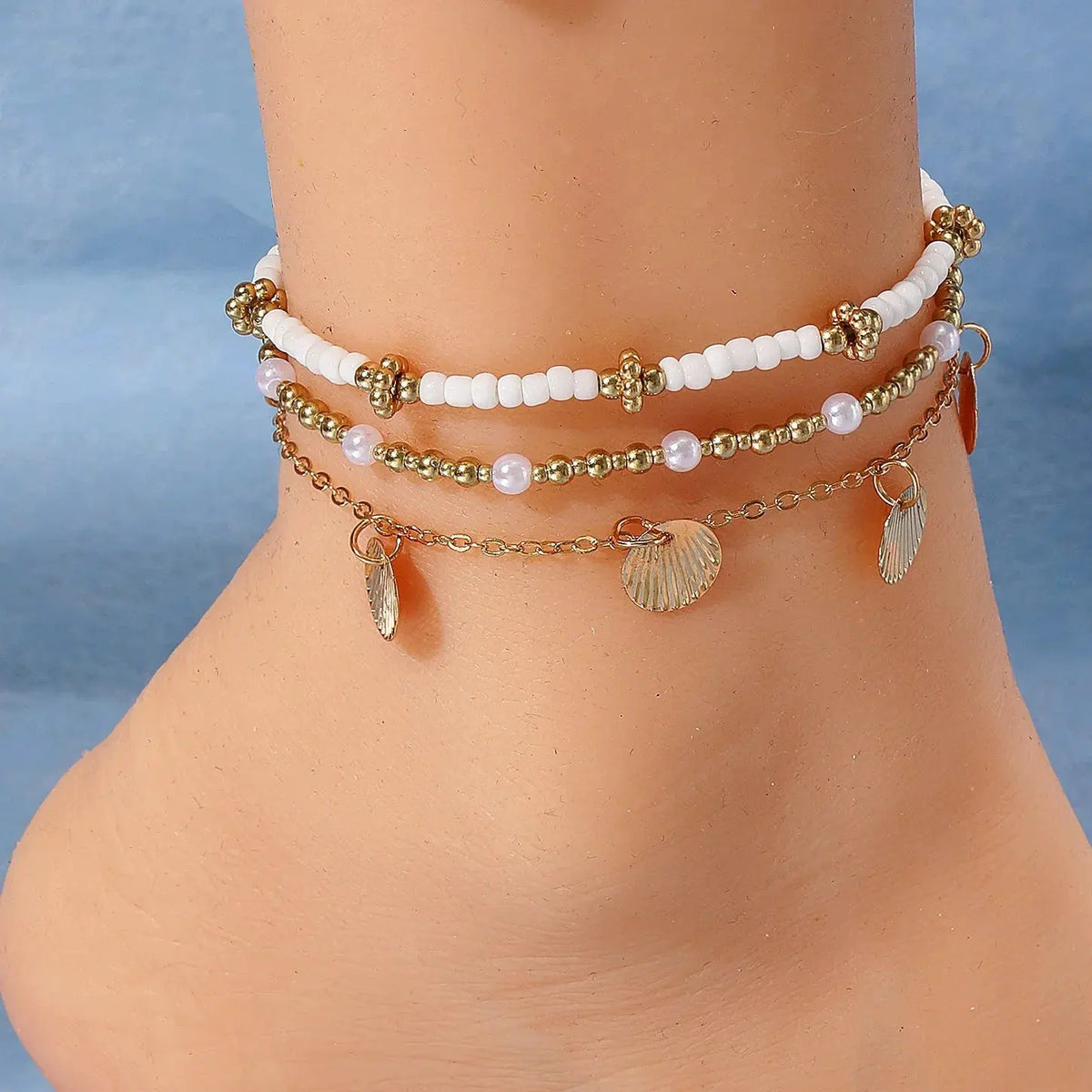 3pcs Retro Pearl Beads Anklet for Women Fashion Handmade Shell Butterfly On Foot Bracelet Bohemian Summer Beach Jewelry Gifts by Maiden-Art