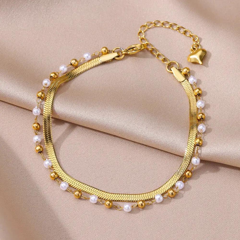 Anklets for Women Summer Beach Accessories Stainless Steel Imitation Pearl Chain Anklet Gold Color Leg Bracelets Bodychain Gifts by MAIDEN-ART