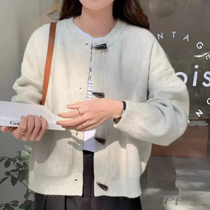 Versatile Crew Neck Autumn and Winter Sweater Wool Coat 100% Pure Cashmere Knitted Cardigan for Women Top by Vimost Shop