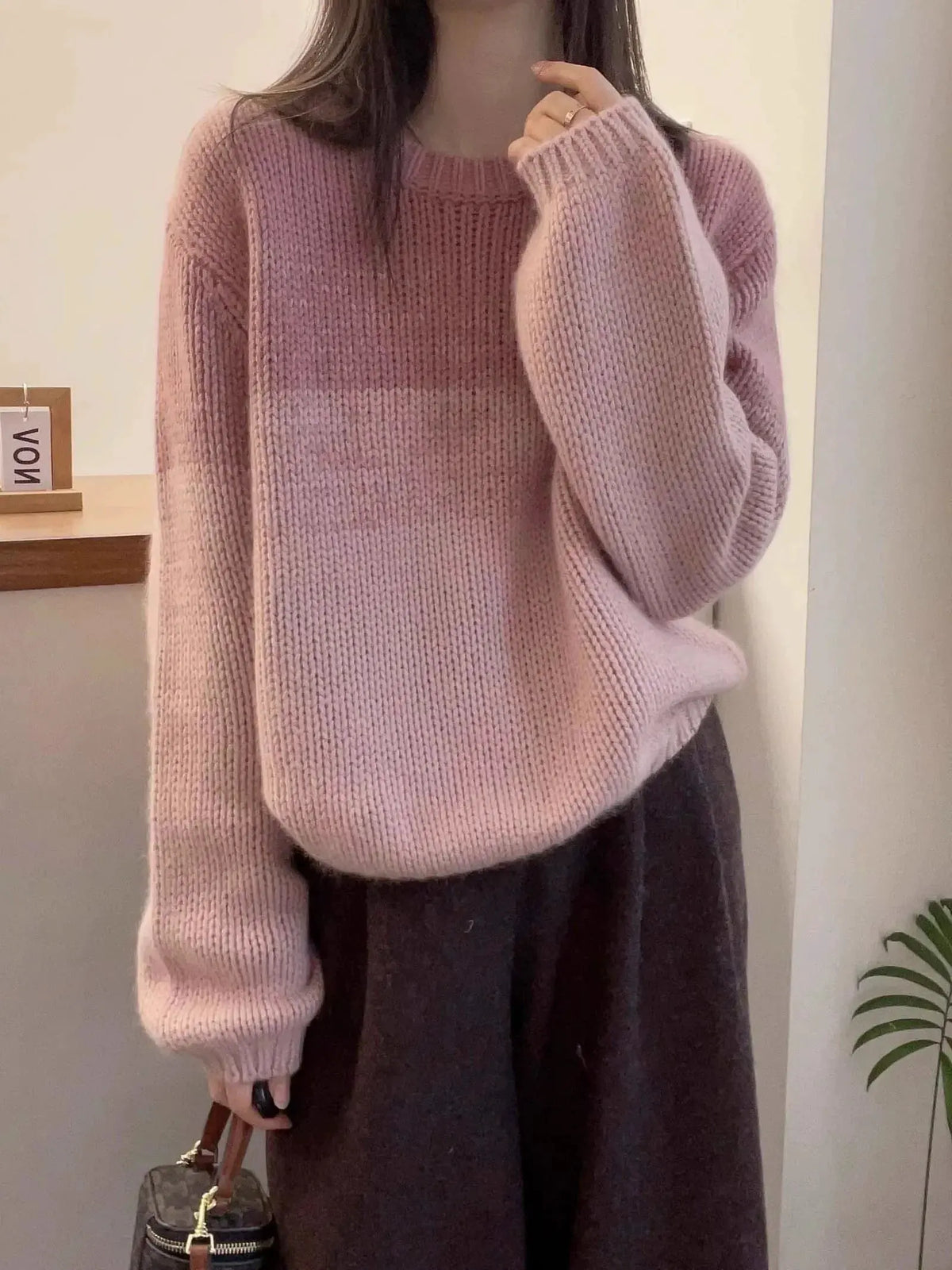 Crew-neck matching striped cashmere sweater women's long-sleeved autumn/winter loose wool base sweater by Vimost Shop