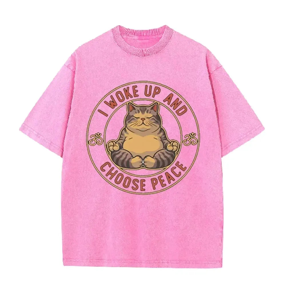 Retro Beige Zen Yoga Tabby Cat Om Symbol Acid Wash Oversized Streetwear Tee by Vimost Shop