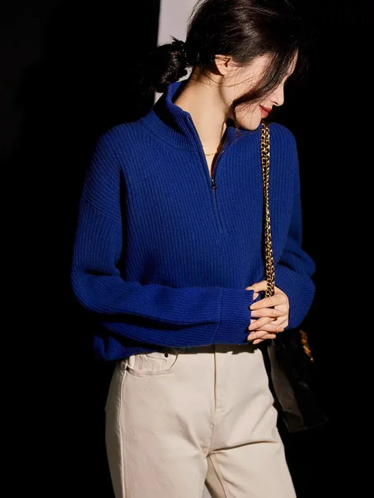 100% pure cashmere sweater women's half zip stand collar thick loose lapel pullover sweater by Vimost Shop