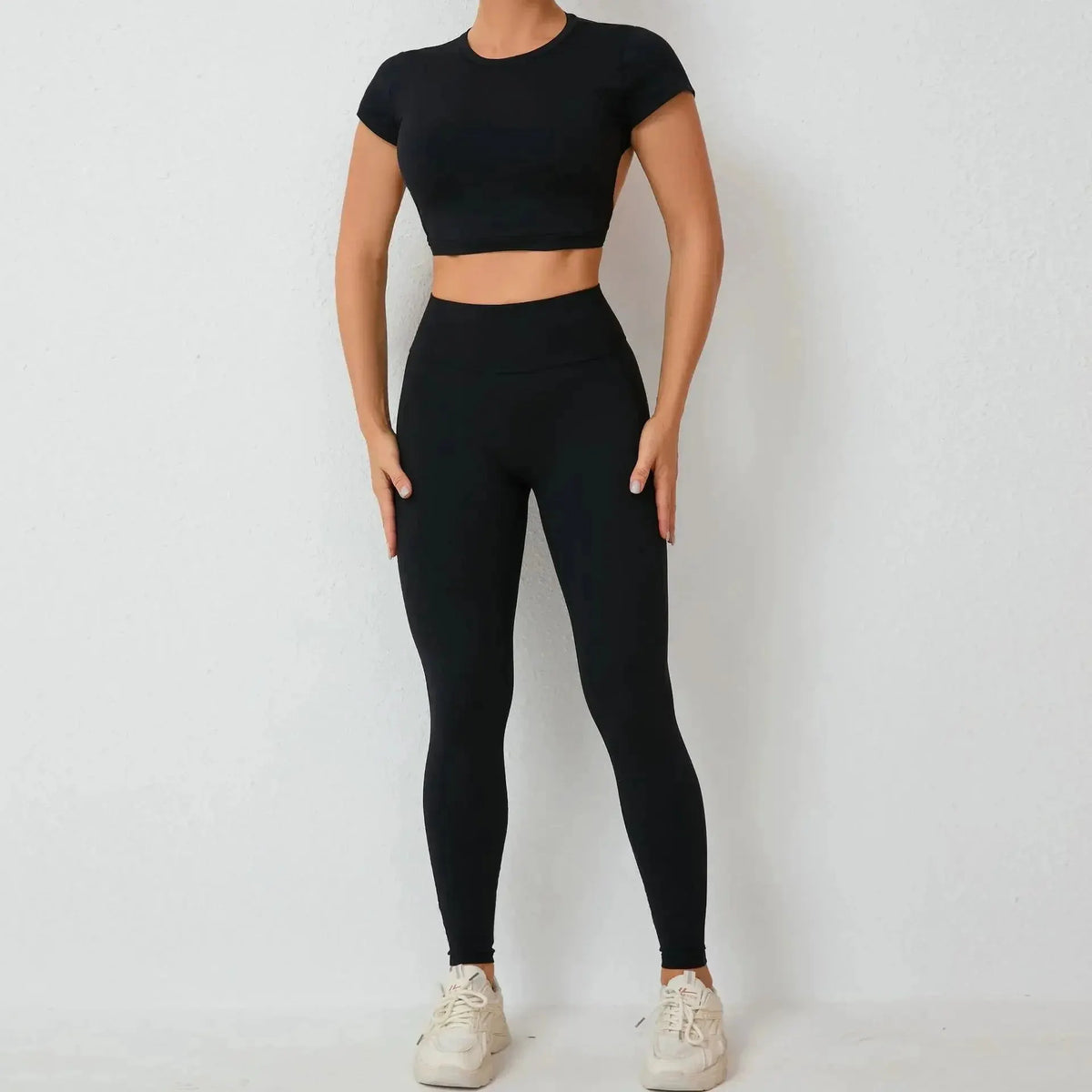 Cross Backless Sporty Set Women 2 Piece Sportswear Short Sleeve Training Suit for Fitness Yoga Wear Female Gym Workout Clothes by MAIDEN-ART