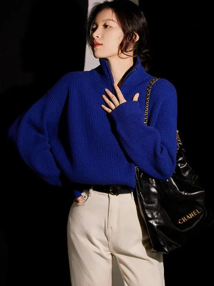 100% pure cashmere sweater women's half zip stand collar thick loose lapel pullover sweater by Vimost Shop