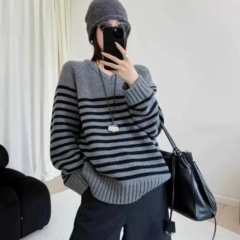 High-end V-neck striped 100% wool knitted sweater loose pullover sweater women wool base layer by Vimost Shop