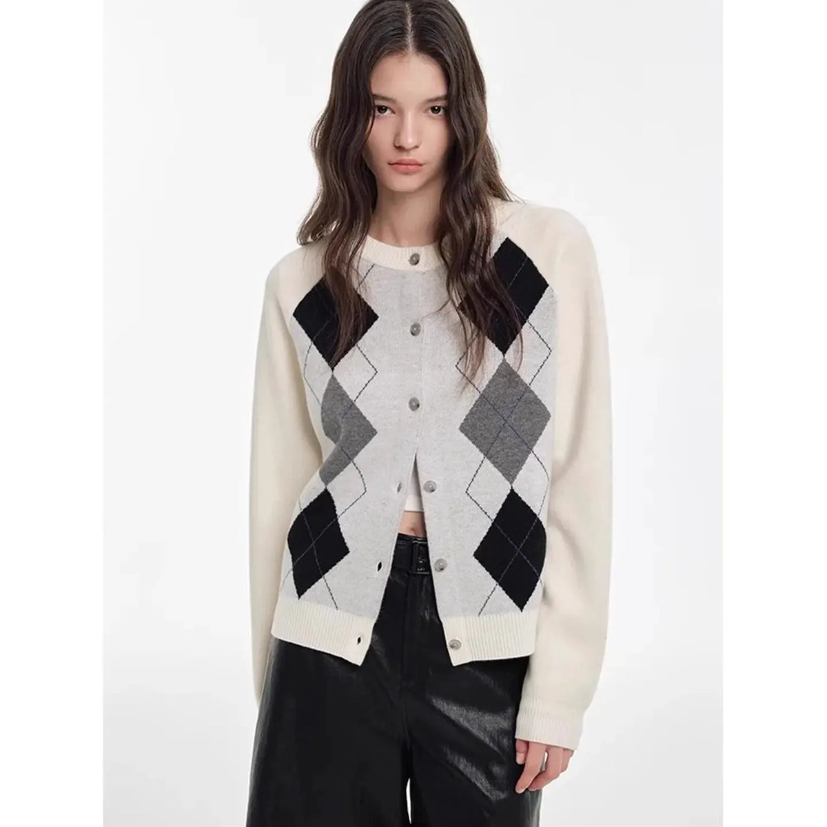 Autumn diamond-shaped cardigan women 100 pure cashmere sweater European high-end color-blocking knitted sweater coat by Vimost Shop