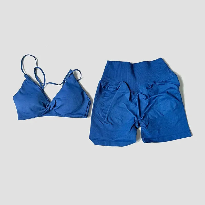 Women’s 2-Piece Gym Set – Strappy Twist Sports Bra & Cross Waist Ruched Shorts by Vimost Shop