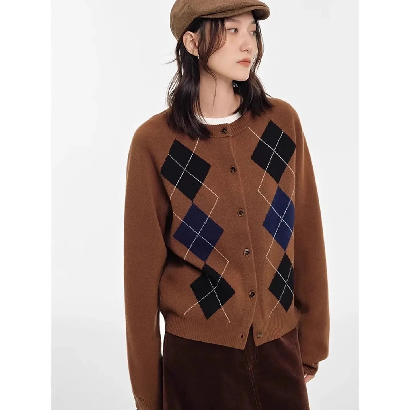 Autumn diamond-shaped cardigan women 100 pure cashmere sweater European high-end color-blocking knitted sweater coat by Vimost Shop