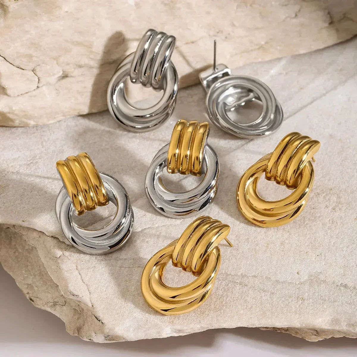Trendy Stainless Steel Multilayer Circle Twist Knot Earrings for Women Texture Mixed Color Gold Plated Statement Earring Bijoux by Maiden-Art