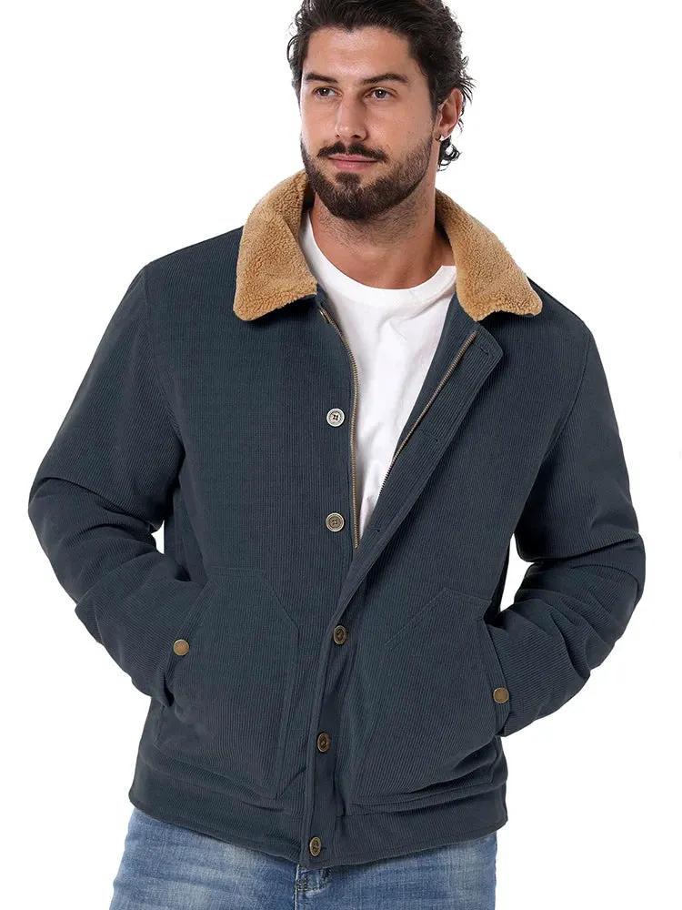 Men's Winter Corduroy Jacket Fleece Warm Lined Cargo Work Jacket Casual Thick Sherpa Collar Trucker Deck Navy Coats by Vimost Shop