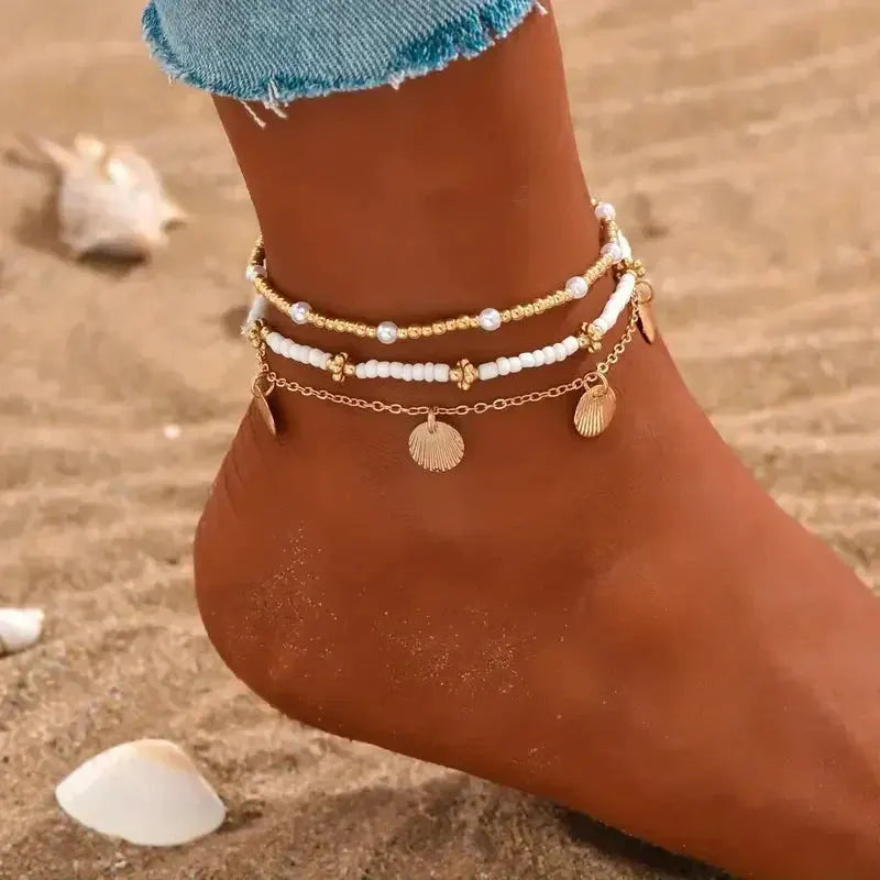 3pcs Retro Pearl Beads Anklet for Women Fashion Handmade Shell Butterfly On Foot Bracelet Bohemian Summer Beach Jewelry Gifts by Maiden-Art