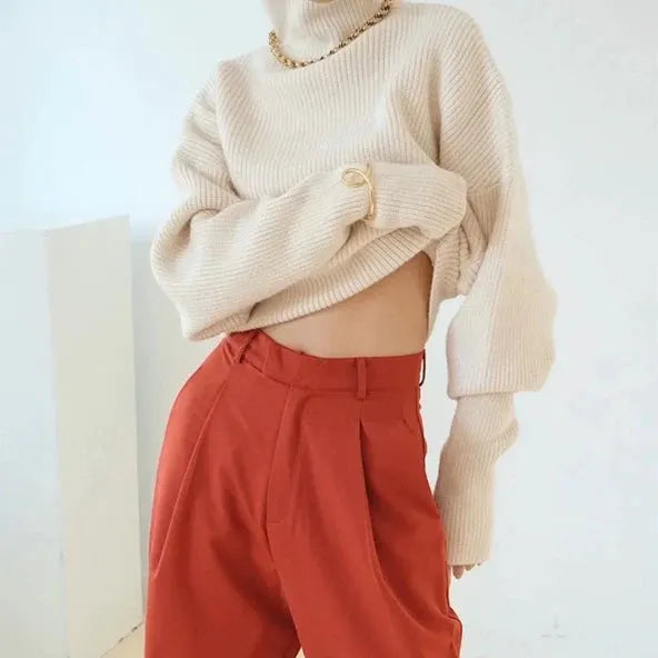French retro high-neck pullover pure wool sweater women's short knitted base sweater waist-cinching and versatile top by Vimost Shop