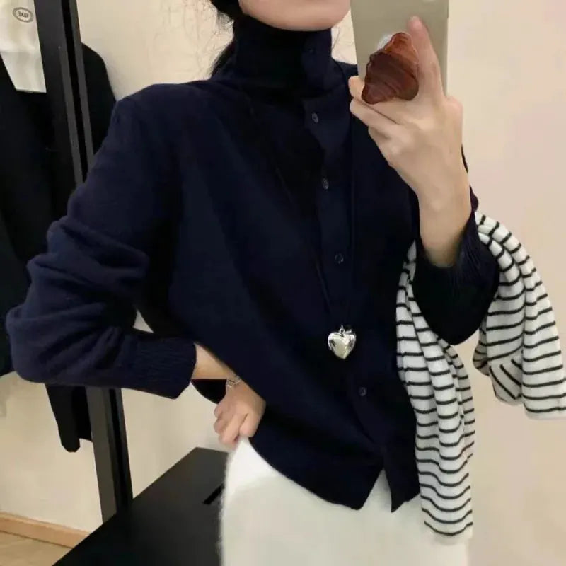 French-style high-neck 100 pure cashmere knitted cardigan for women's autumn and winter loose sweater with wool base coat by Vimost Shop