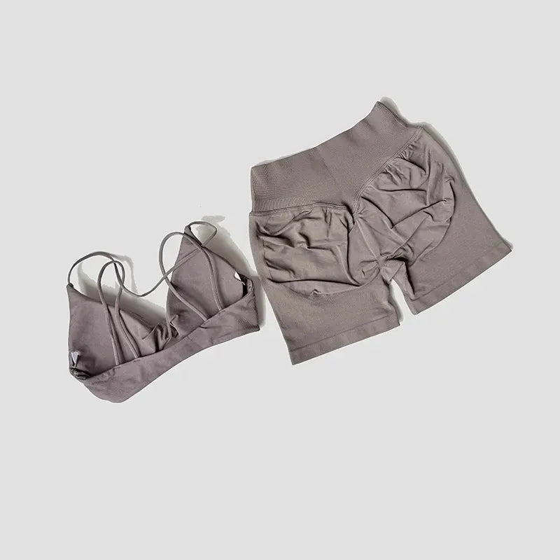 Women’s 2-Piece Gym Set – Strappy Twist Sports Bra & Cross Waist Ruched Shorts by Vimost Shop