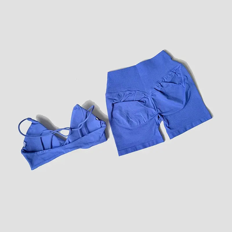 Women’s 2-Piece Gym Set – Strappy Twist Sports Bra & Cross Waist Ruched Shorts by Vimost Shop