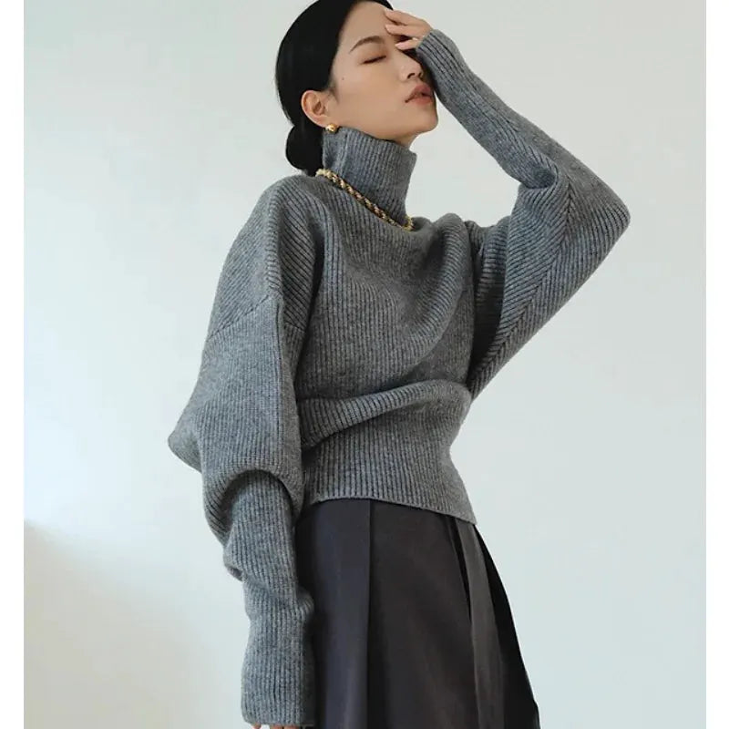 French retro high-neck pullover pure wool sweater women's short knitted base sweater waist-cinching and versatile top by Vimost Shop