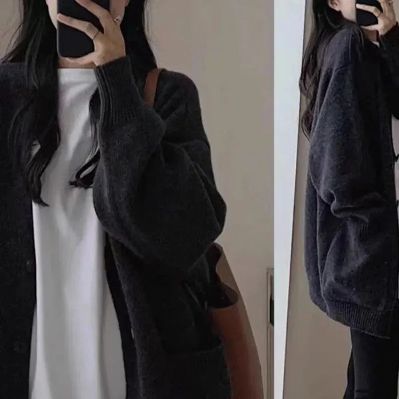 Elegant Versatile Round Neck Women's Autumn/Winter Loose Long-line Base Layer Sweater Wool Coat & Cashmere Knitted Cardigan by Vimost Shop