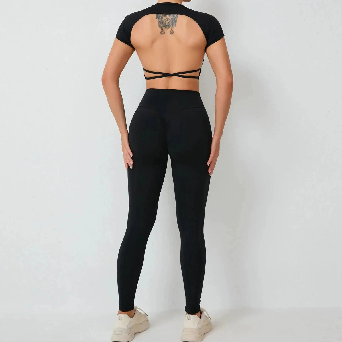 Cross Backless Sporty Set Women 2 Piece Sportswear Short Sleeve Training Suit for Fitness Yoga Wear Female Gym Workout Clothes by MAIDEN-ART