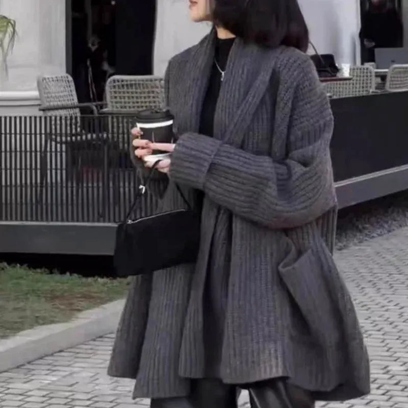 Autumn/Winter Thickened 100% Pure Wool Women's Turn-down Collar Knitted Cardigan Loose Sweater Coat Top Mid-long Length by Vimost Shop