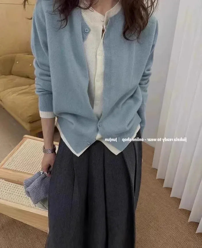 Fake two 100% pure cashmere sweater cardigan dark grey high-grade wool knit coat top by Vimost Shop
