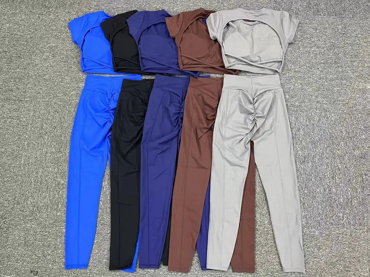 Cross Backless Sporty Set Women 2 Piece Sportswear Short Sleeve Training Suit for Fitness Yoga Wear Female Gym Workout Clothes by MAIDEN-ART