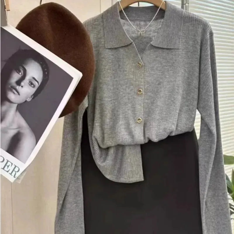 POLO lapel cashmere knit cardigan women's spring and autumn thin loose sweater short wool coat by Vimost Shop