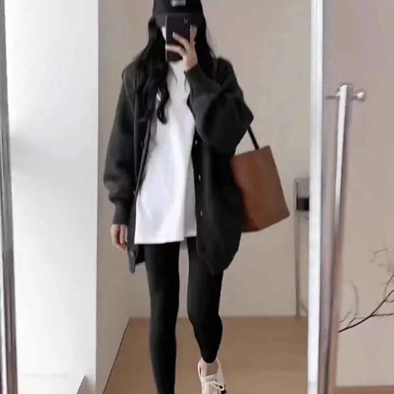 Elegant Versatile Round Neck Women's Autumn/Winter Loose Long-line Base Layer Sweater Wool Coat & Cashmere Knitted Cardigan by Vimost Shop