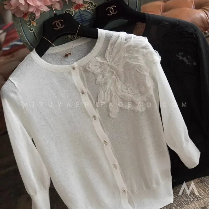 Knitted sunscreen cardigan female short heavy industry flower Korean version loose ice silk thin coat female by Vimost Shop