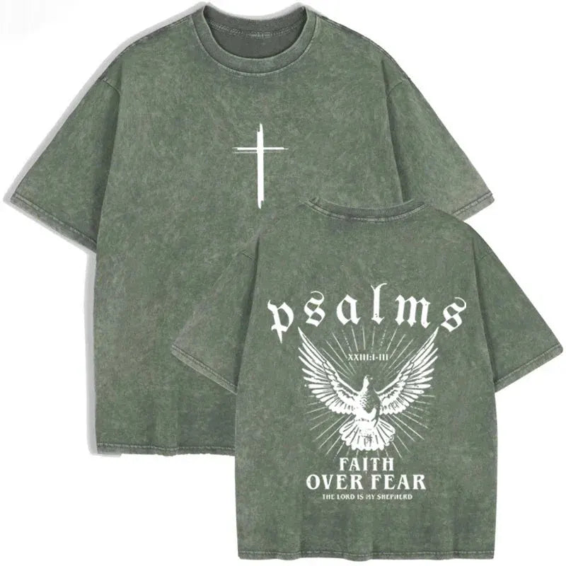 Retro Faith Over Fear T Shirt Psalms Dove Print Casual Washed Religious Streetwear by Vimost Shop
