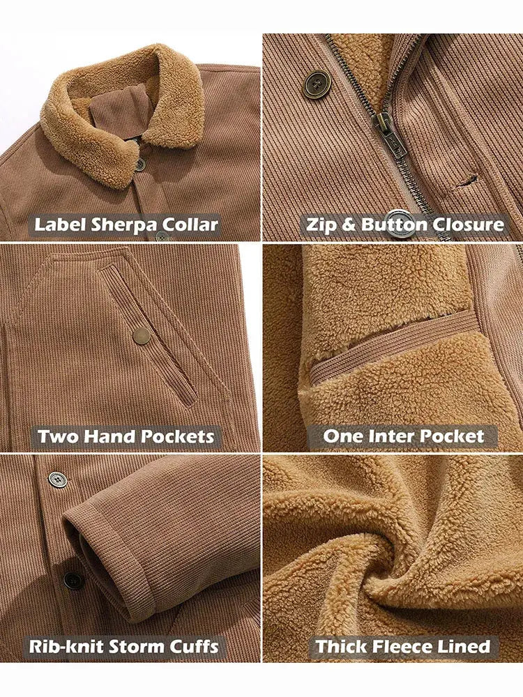 Men's Winter Corduroy Jacket Fleece Warm Lined Cargo Work Jacket Casual Thick Sherpa Collar Trucker Deck Navy Coats by Vimost Shop