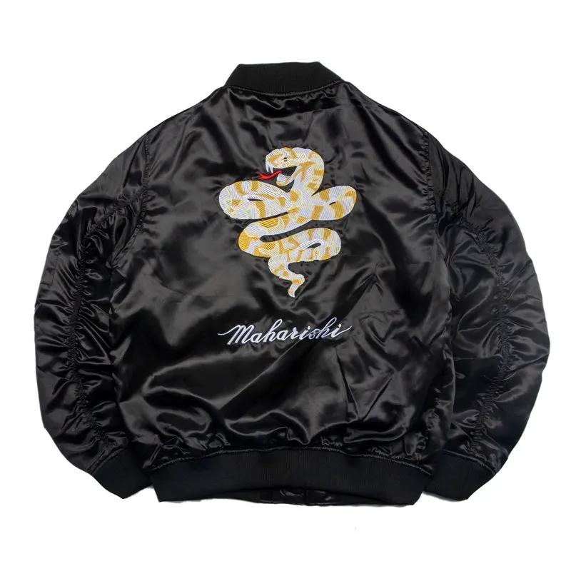Zip Up Snack Back Embroidered Casual Loose Style Crew Neck Satin Bomber Jacket for Men Women by Vimost Shop