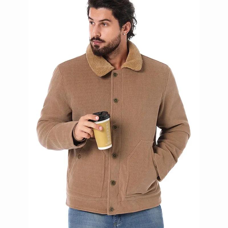 Men's Winter Corduroy Jacket Warm Fleece Lined Cargo Work Coat Casual Thick Sherpa Collar Trucker Deck Navy Jackets by Vimost Shop