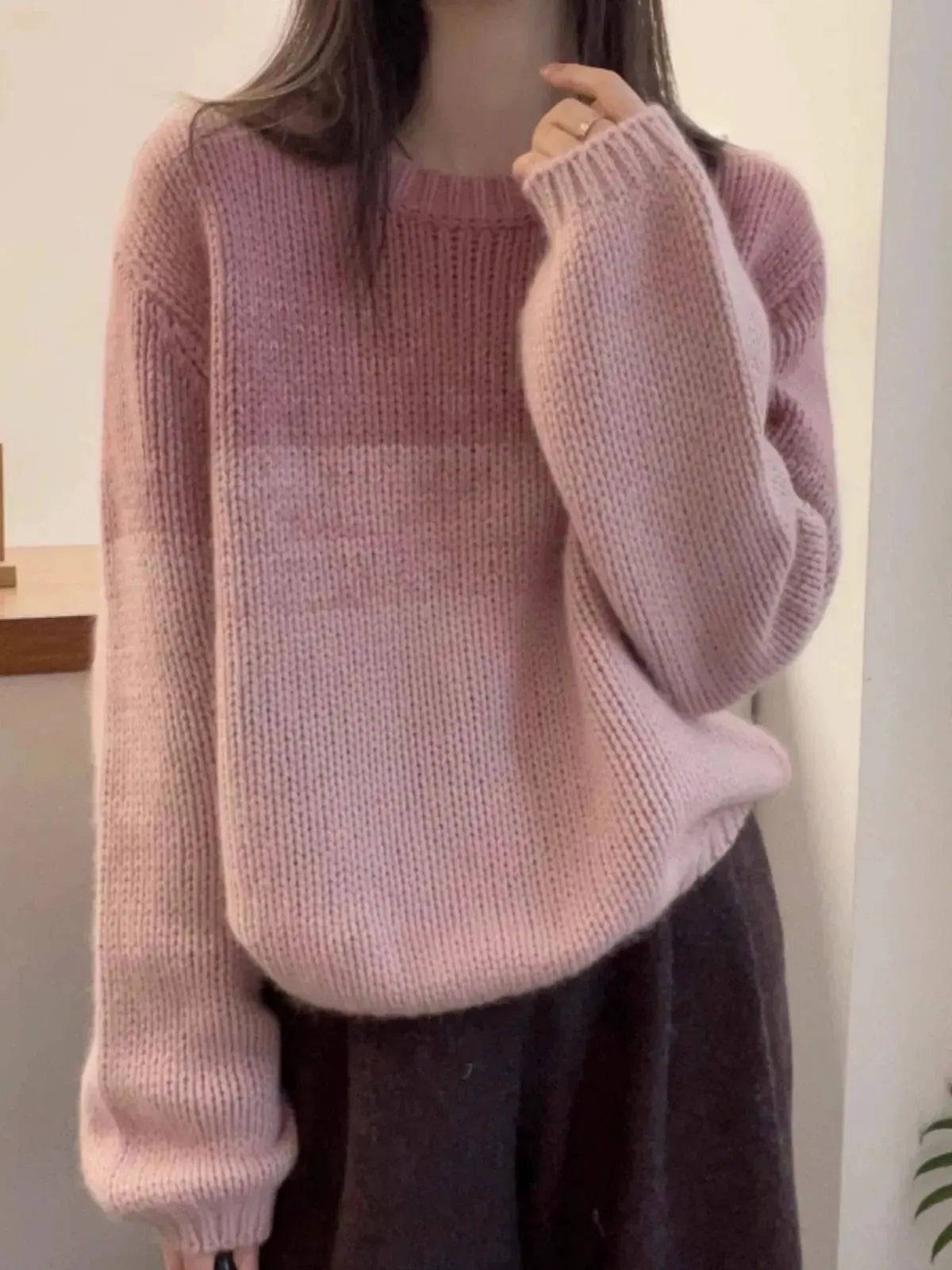 Crew-neck matching striped cashmere sweater women's long-sleeved autumn/winter loose wool base sweater by Vimost Shop