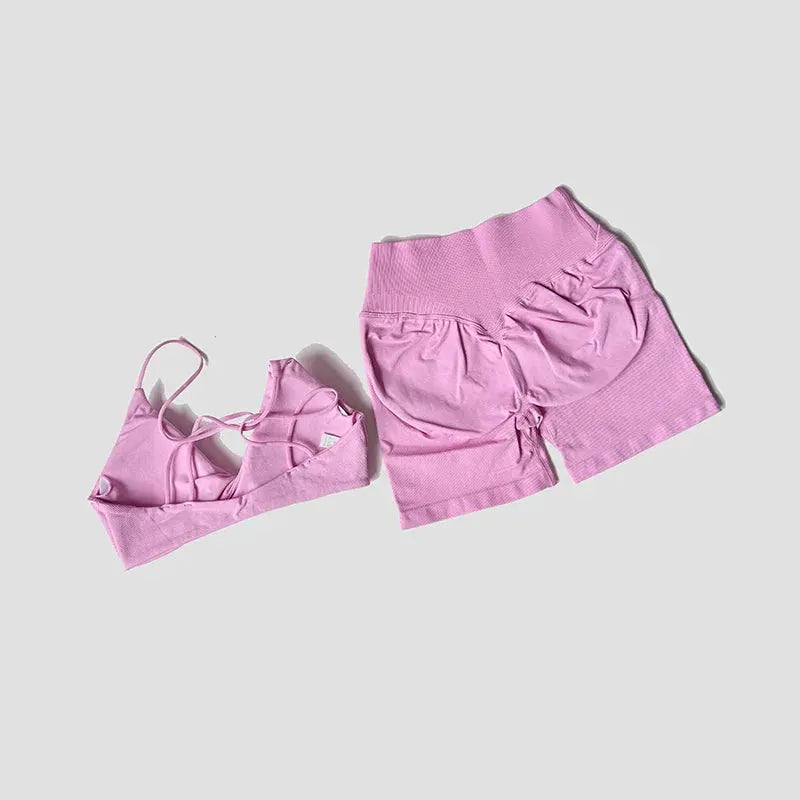 Women’s 2-Piece Gym Set – Strappy Twist Sports Bra & Cross Waist Ruched Shorts by Vimost Shop