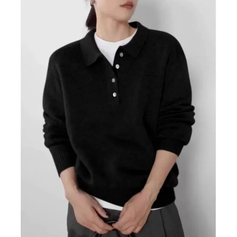 Elegant POLO semi-open neck 100%wool knitted sweater women loose long-sleeved base sweater autumn and winter by Vimost Shop