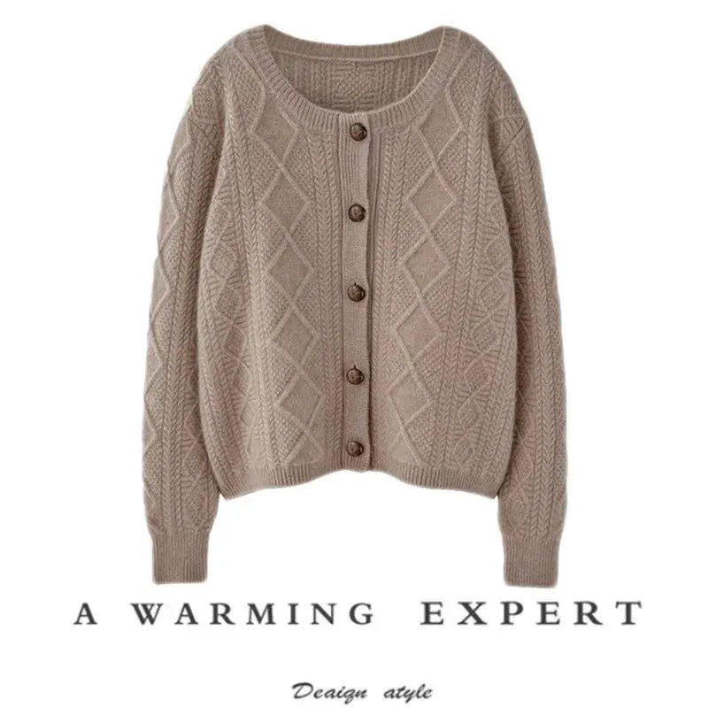 new autumn and winter cashmere twisted floral women's round neck cardigan sweater loose 100%wool by Vimost Shop