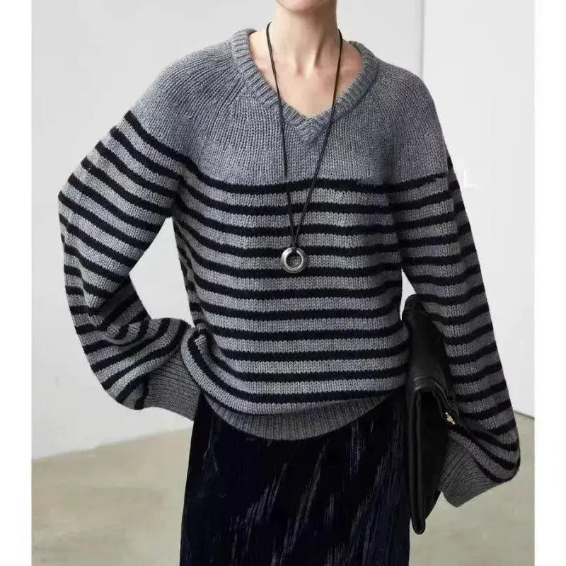 High-end V-neck striped 100% wool knitted sweater loose pullover sweater women wool base layer by Vimost Shop
