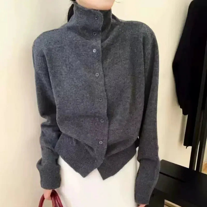 French-style high-neck 100 pure cashmere knitted cardigan for women's autumn and winter loose sweater with wool base coat by Vimost Shop
