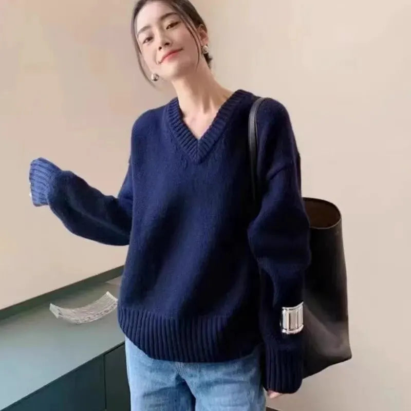 V-neck 100 pure wool sweater for women in autumn and winter, loose and thick sweater, long-sleeved knitted top by Vimost Shop
